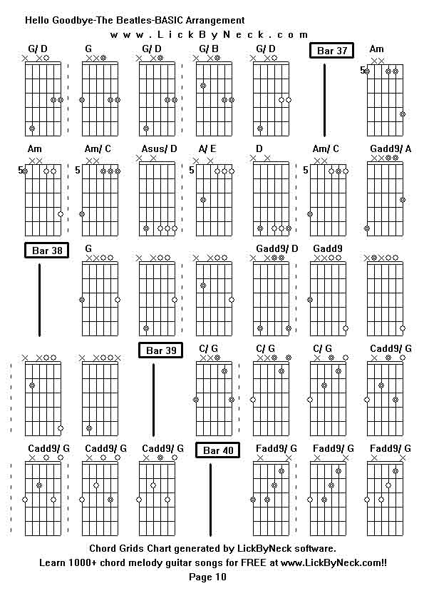 Chord Grids Chart of chord melody fingerstyle guitar song-Hello Goodbye-The Beatles-BASIC Arrangement,generated by LickByNeck software.